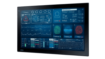 21.5" (16:9) Full HD industrial display with P-CAP touchscreen, IP66-rated aluminum bezel, 1,400 cd/m² high brightness, and auto-dimming mode.